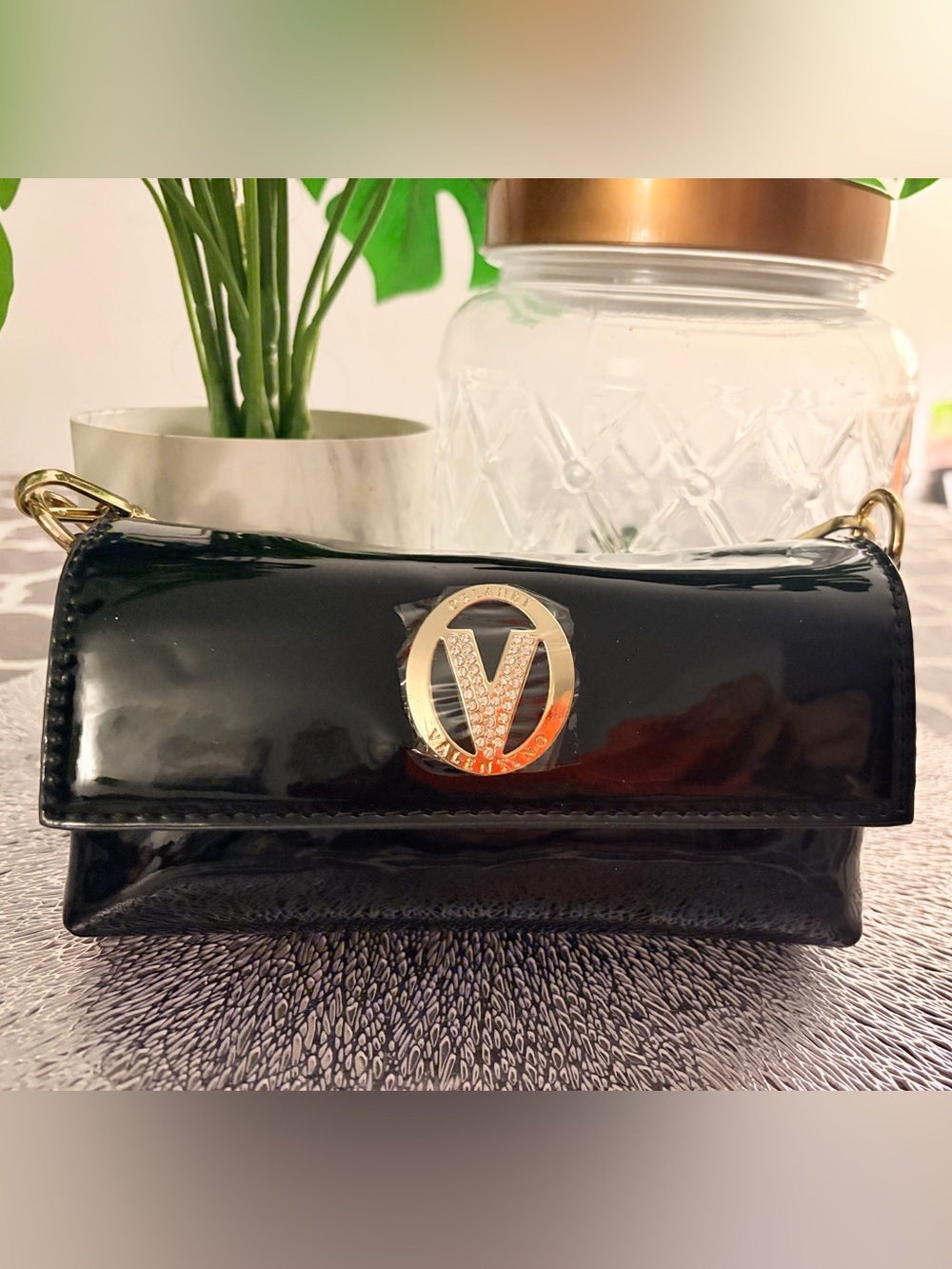 Valentino Black Patent Leather Wristlet with Gold Logo Medallion - NWT